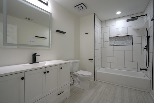 full bathroom with shower / bath combination, visible vents, vanity, toilet, and recessed lighting