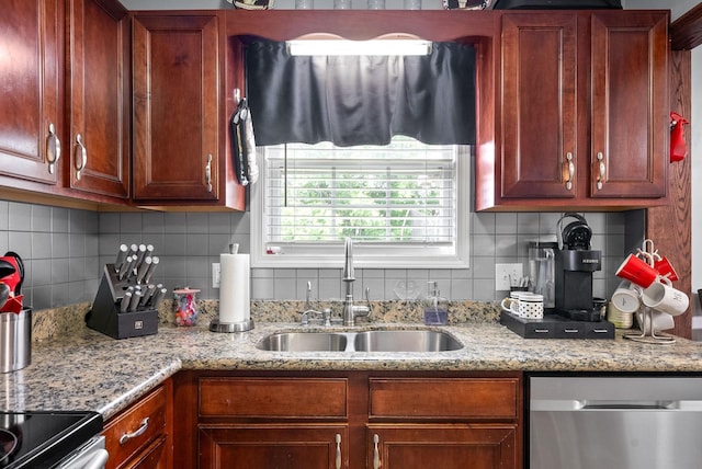 2764 Ann Dr, Clarksville, TN 37040 - kitchen featuring a sink, light stone counters, backsplash, and dishwasher