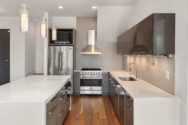 kitchen with light countertops, a sink, backsplash, and high quality appliances
