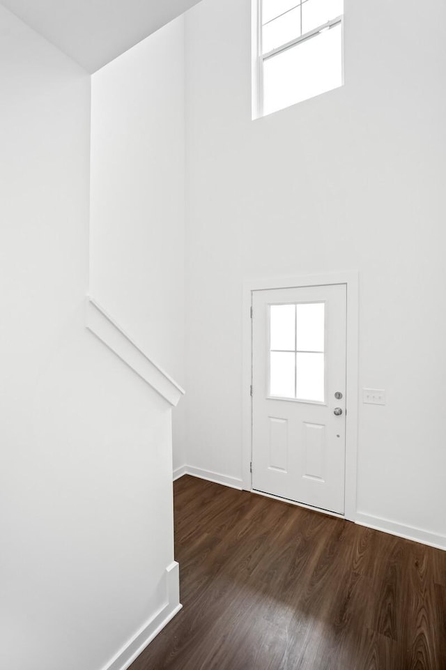 foyer entrance featuring baseboards, dark wood-style floors, and a towering ceiling