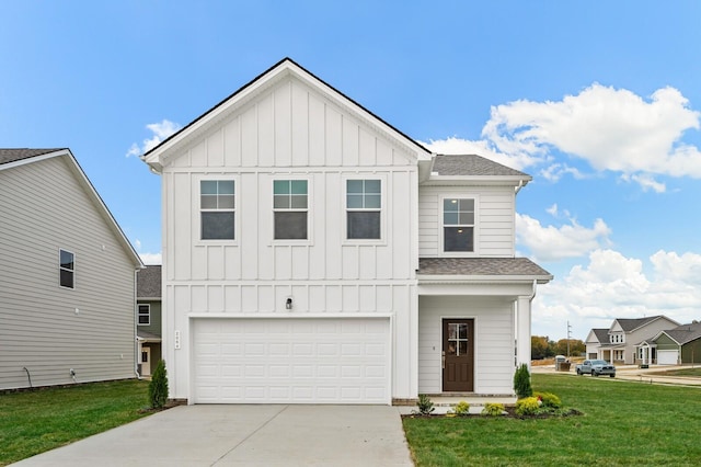 modern farmhouse style home with board and batten siding, driveway, roof with shingles, a front yard, and a garage