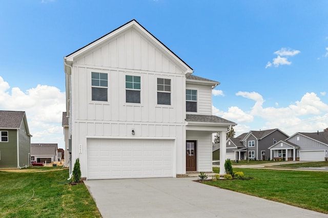 view of front facade with a residential view, a front lawn, a garage, board and batten siding, and driveway