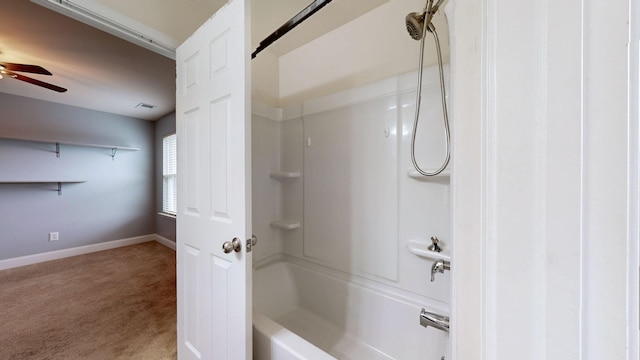 full bath with baseboards, shower / tub combination, ceiling fan, and visible vents