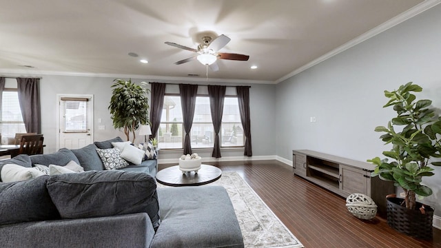 living room with a healthy amount of sunlight, recessed lighting, ceiling fan, and dark wood finished floors