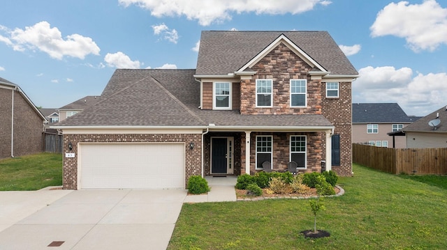 craftsman-style home with fence, an attached garage, stone siding, covered porch, and driveway