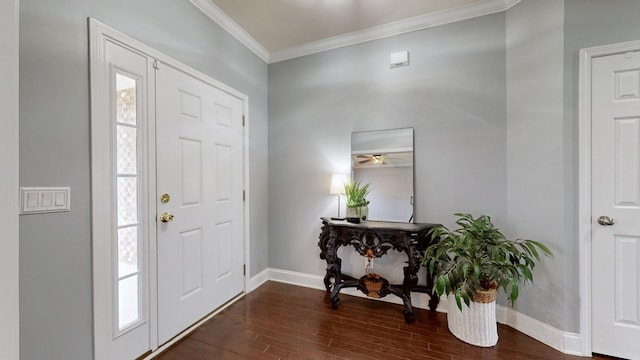 entrance foyer featuring crown molding, baseboards, dark wood finished floors, and a healthy amount of sunlight