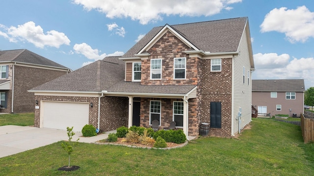 view of front of house featuring a porch, stone siding, driveway, a garage, and a front lawn