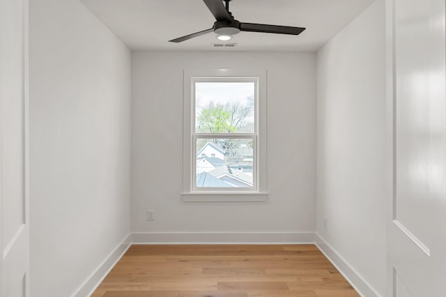 unfurnished room featuring baseboards, light wood-style flooring, and visible vents