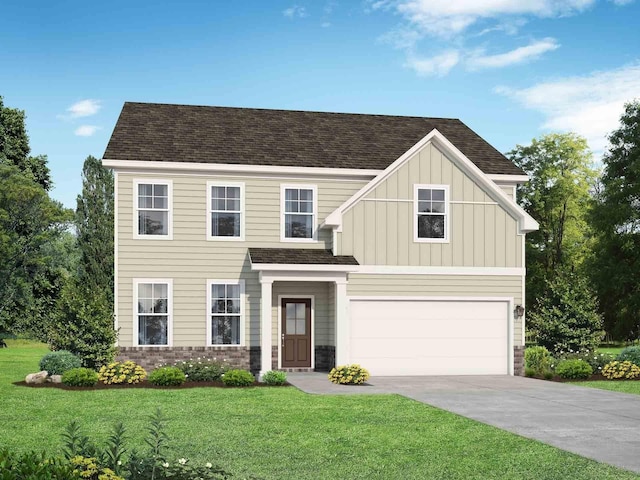 view of front of home with a garage, driveway, roof with shingles, and a front lawn