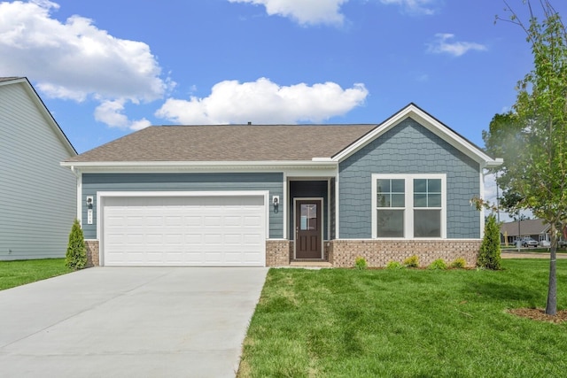 ranch-style house with brick siding, a garage, driveway, and a front yard