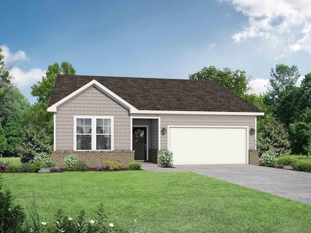 view of front of house featuring a front yard, roof with shingles, brick siding, concrete driveway, and an attached garage
