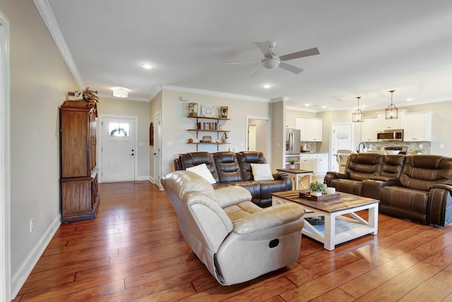 5014 Rainier Dr, Chapel Hill, TN 37034 - living room with ceiling fan, hardwood / wood-style flooring, ornamental molding, baseboards, and recessed lighting