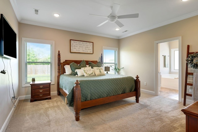 5014 Rainier Dr, Chapel Hill, TN 37034 - bedroom featuring light colored carpet, baseboards, crown molding, ensuite bathroom, and ceiling fan