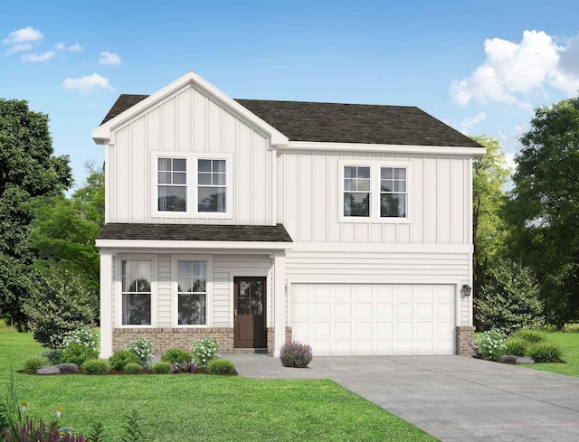 modern farmhouse featuring board and batten siding, an attached garage, driveway, and a front yard