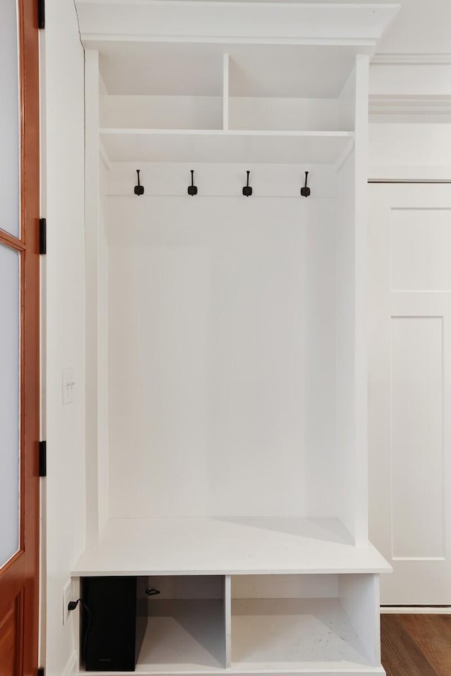 mudroom with dark wood-style flooring
