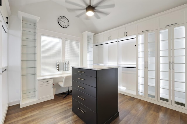 walk in closet with vaulted ceiling, a ceiling fan, and wood finished floors