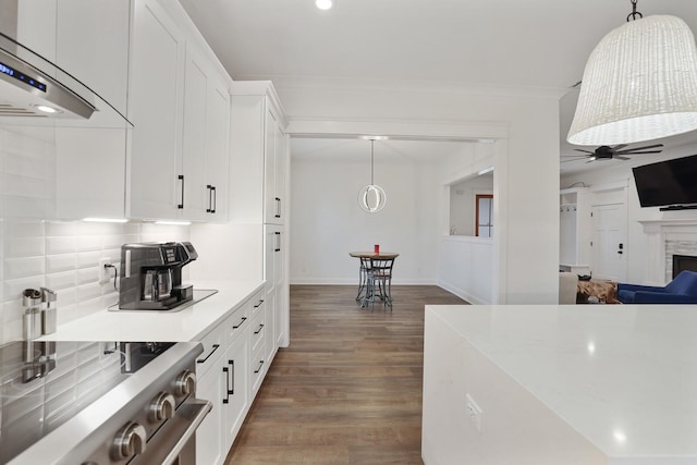 kitchen with range hood, white cabinetry, a ceiling fan, dark wood finished floors, and stainless steel electric range oven