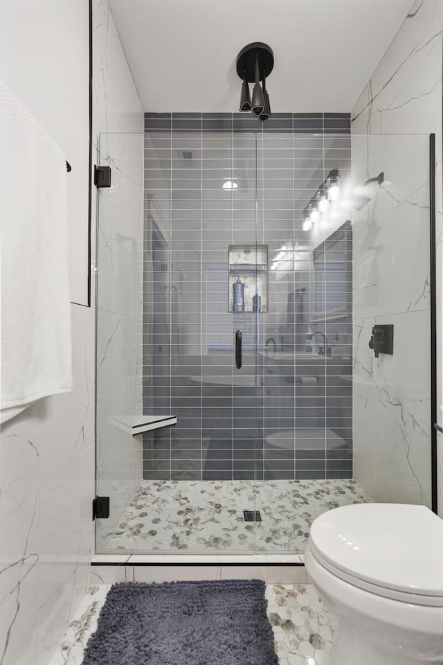 bathroom featuring a stall shower and toilet