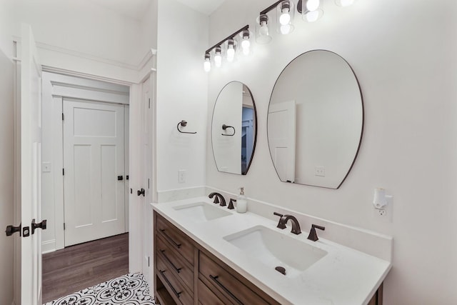 full bathroom featuring double vanity, a sink, and wood finished floors