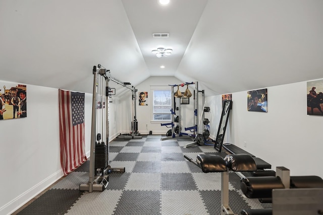 workout room featuring visible vents, baseboards, carpet floors, lofted ceiling, and recessed lighting