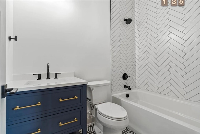 bathroom with toilet, shower / bath combination, and vanity