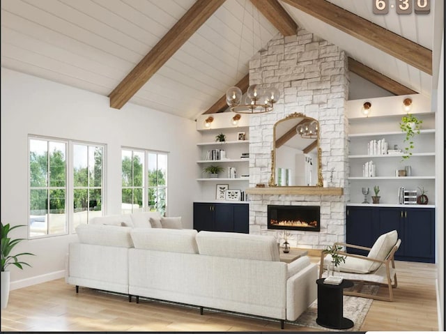 living room with vaulted ceiling with beams, light wood-style flooring, baseboards, and a stone fireplace