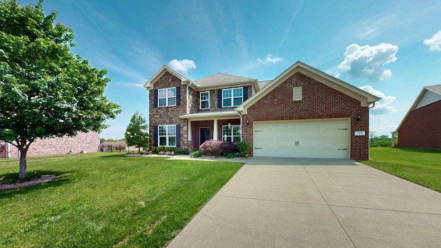 view of front of home featuring concrete driveway, brick siding, a front yard, and a garage