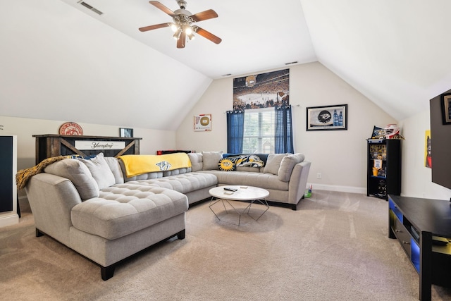 141 Fieldcrest Cir, Hendersonville, TN 37075 - living room with vaulted ceiling, a ceiling fan, light colored carpet, and baseboards