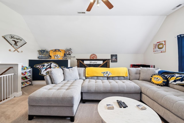 141 Fieldcrest Cir, Hendersonville, TN 37075 - carpeted living area featuring vaulted ceiling and a ceiling fan