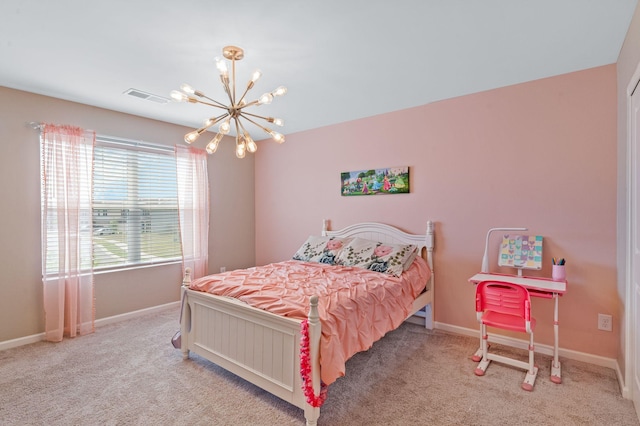 bedroom with an inviting chandelier, carpet, baseboards, and visible vents
