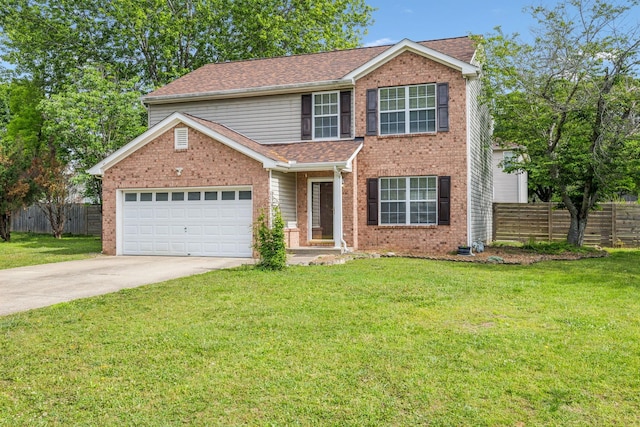 traditional-style home featuring fence, a front yard, brick siding, an attached garage, and driveway