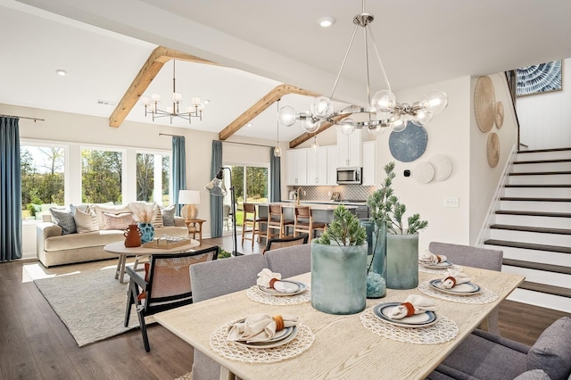 dining space with stairway, vaulted ceiling with beams, recessed lighting, dark wood-type flooring, and a chandelier
