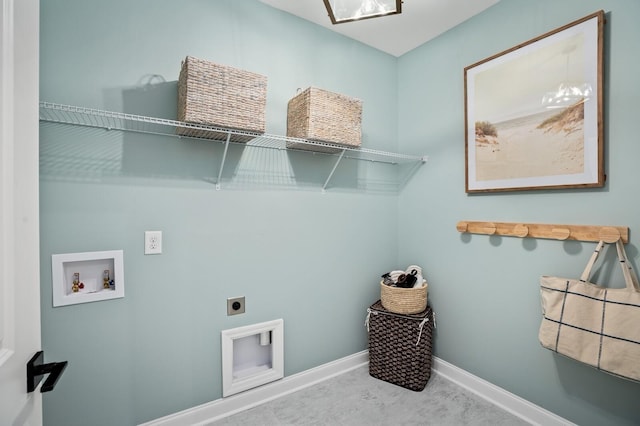 clothes washing area with hookup for an electric dryer, laundry area, baseboards, and washer hookup