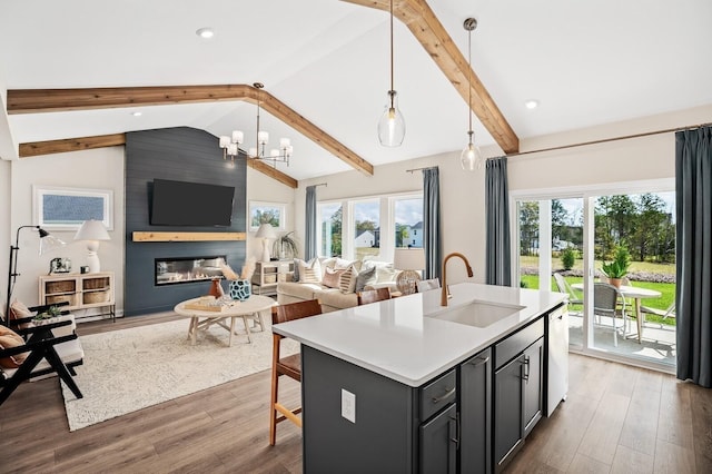kitchen featuring a sink, lofted ceiling with beams, dark wood-style floors, and open floor plan
