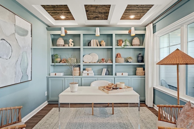 living area featuring crown molding, baseboards, coffered ceiling, and dark wood-style floors