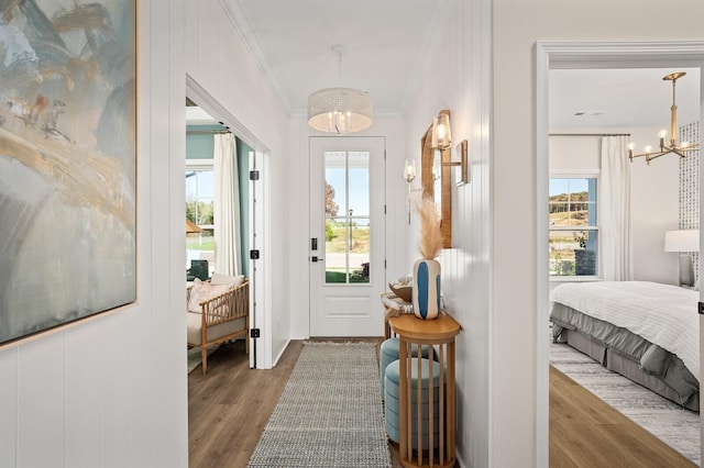 entryway featuring ornamental molding, an inviting chandelier, a healthy amount of sunlight, and wood finished floors