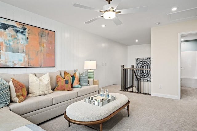 carpeted living room featuring ceiling fan and recessed lighting