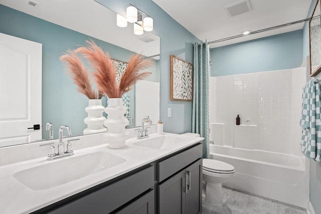 bathroom with a sink, shower / bath combo, toilet, and visible vents