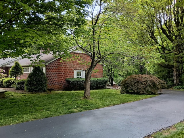 view of side of home featuring brick siding and a yard