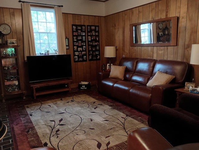 living room featuring wooden walls