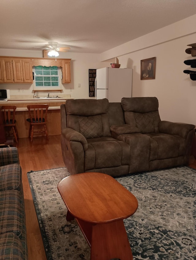 living room with ceiling fan and light wood-style flooring