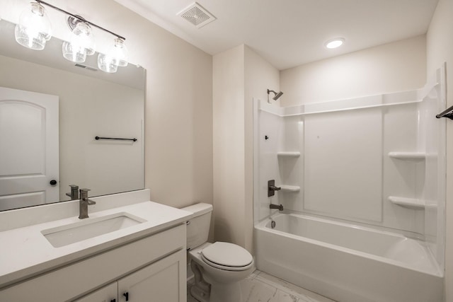 full bath with vanity, toilet, marble finish floor, shower / bath combination, and visible vents