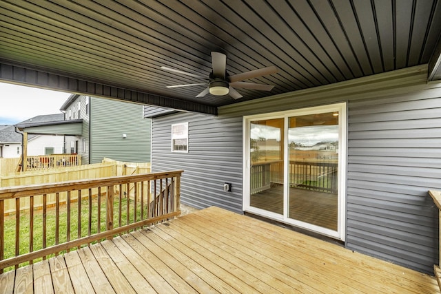 deck featuring ceiling fan and fence
