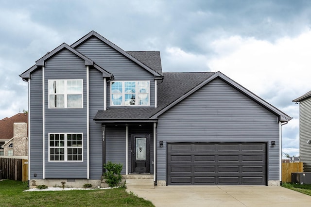 view of front facade featuring fence, central air condition unit, a shingled roof, and concrete driveway