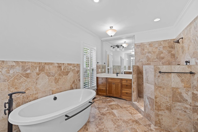 8224 Victory Trl, Brentwood, TN 37027 - full bath featuring tile walls, tiled shower, a freestanding tub, crown molding, and vanity