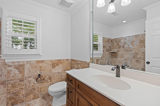 8224 Victory Trl, Brentwood, TN 37027 - bathroom featuring tile walls, plenty of natural light, vanity, toilet, and ornamental molding