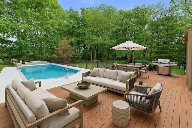 8224 Victory Trl, Brentwood, TN 37027 - view of swimming pool featuring outdoor lounge area, a wooden deck, outdoor dining area, and view of scattered trees