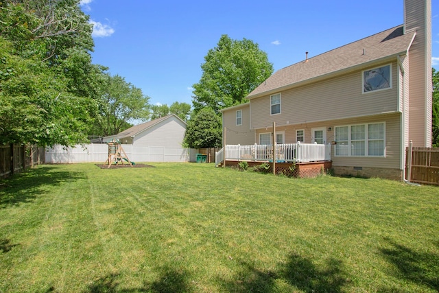 2011 Spring Meadow Cir, Spring Hill, TN 37174 - back of property featuring a playground, a wooden deck, a chimney, and crawl space