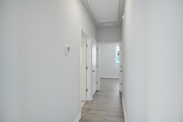 hall featuring baseboards, attic access, and light wood finished floors