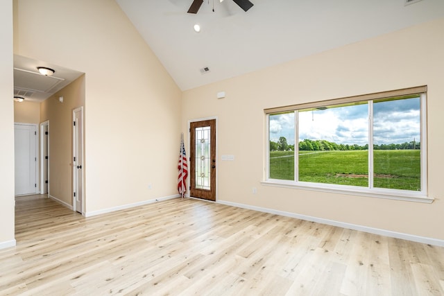 1317 Halls Mill Rd, Unionville, TN 37180 - interior space featuring a ceiling fan, attic access, high vaulted ceiling, baseboards, and light wood-style floors